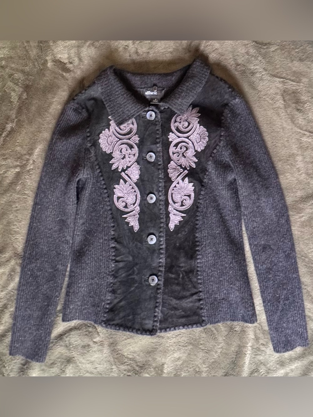 Affluent Sweater Size Small Leather and Wool Vintage Ornate Appliqués